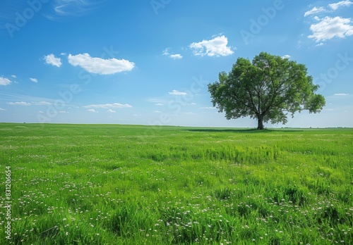 A lush green meadow with a single large tree standing tall in the distance. The expansive open sky above the peaceful meadow offers a tranquil background for text about growth and serenity.