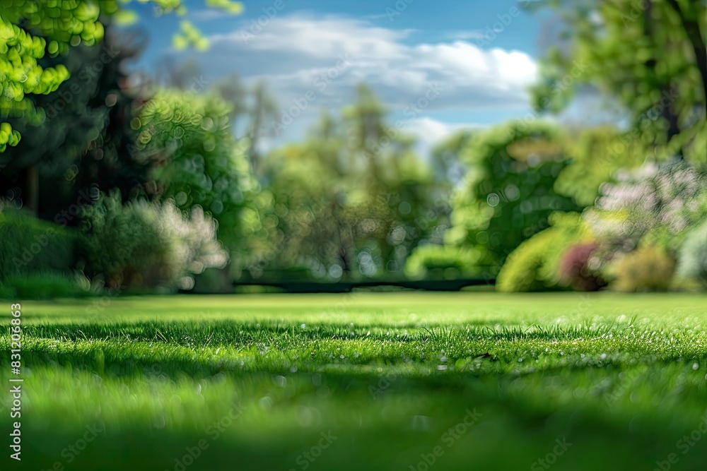 Fototapeta premium Beautiful blurred background image of spring nature with a neatly trimmed lawn surrounded by trees against a blue sky with clouds on a bright sunny day with generative ai