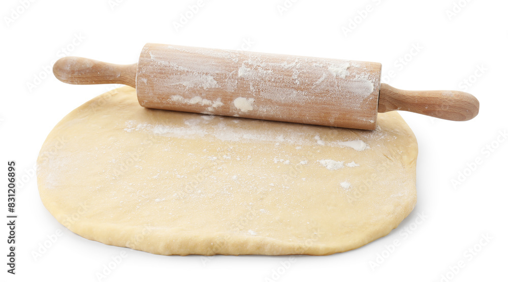 Raw dough and rolling pin isolated on white Raw dough and rolling pin isolated on white