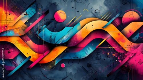 A digital art background with lines  shapes  and colors in creative compositions. Use vibrant colors and dynamic shapes to generate a lively and energetic image  with elements that seem to move
