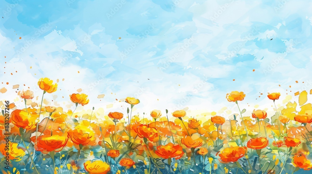 Fototapeta premium Beautiful watercolor painting of a vibrant field of orange flowers under a bright blue sky with fluffy clouds, capturing nature's essence.