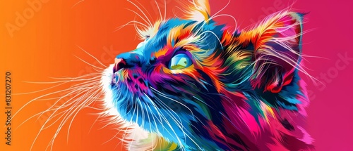 Manx Cat portrait, vibrant pop art style, geometric colorful design focus on, surreal, silhouette, digital studio backdrop