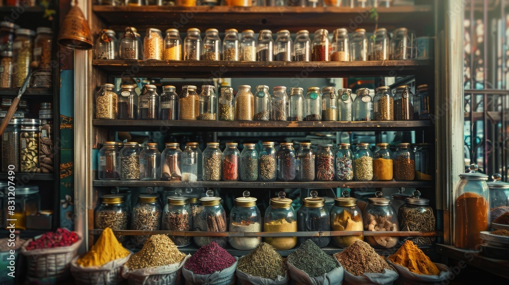 Beautifully organized spice shop with jars filled on shelves and various spices displayed neatly in bowls, showcasing vibrant colors and variety.