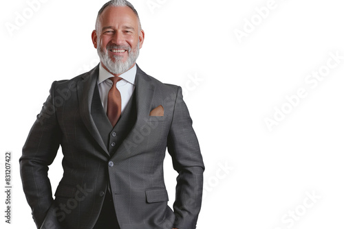 Middle-Aged Man in Dark Grey Suit Smiling on White Background