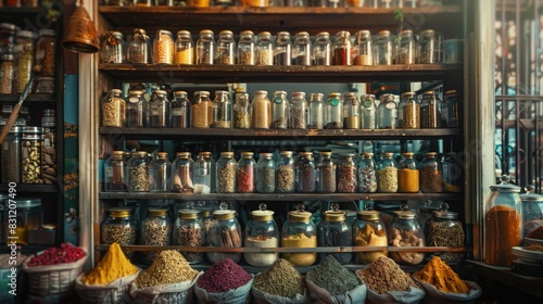 Beautifully organized spice shop with jars filled on shelves and various spices displayed neatly in bowls, showcasing vibrant colors and variety. photo