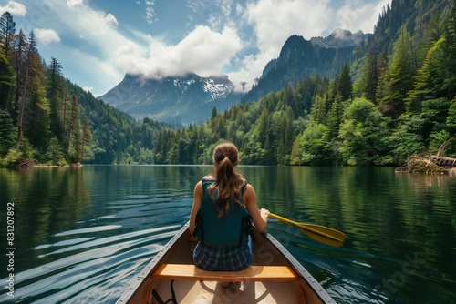 Girl on a canoe adventure in wide mountain wilderness © Yuliia