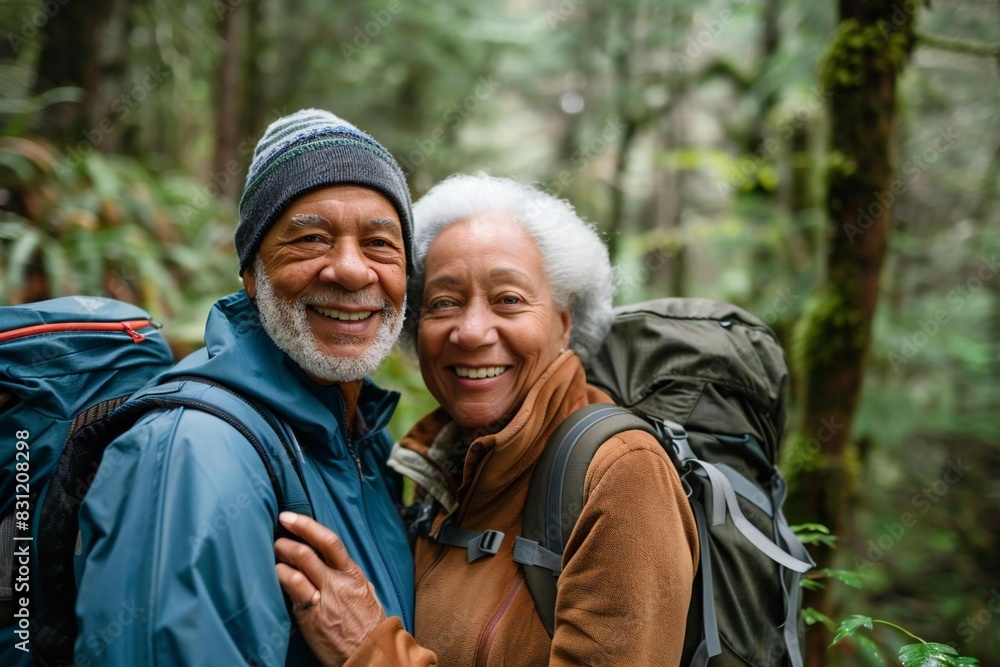 Interracial black senior couple hiking for outdoor adventure Interracial black senior couple hiking for outdoor adventure