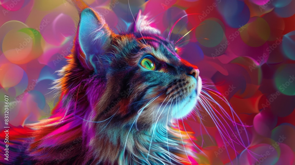 Norwegian Forest Cat in vibrant pop art style, colorful geometric background close up, whimsical, blend mode, cityscape backdrop