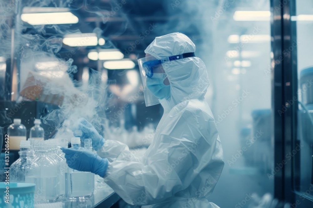 Scientist in protective gear conducts experiments surrounded by lab equipment and steam, showcasing futuristic laboratory setting. Scientist in protective gear conducts experiments surrounded by lab equipment and steam, showcasing futuristic laboratory setting.