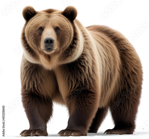 A large brown bear standing in the foreground against a plain white background © nissrine