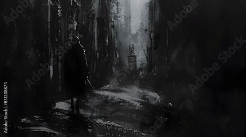 Solitary Figure Navigating a Gloomy,Abandoned Alley in a Dark,Atmospheric Urban Landscape