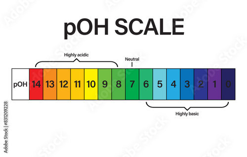 pOH SCALE. pOH scale Vector scientific graph. pOH scale indicator chart diagram with an arrow. Acid and alkaline solutions. acid-base balance infographic. A pOH scale on a white background.