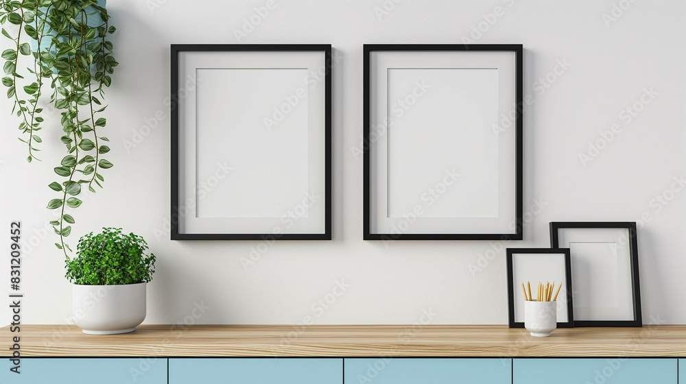 Frame mockup, blue cabinet shelf home interior, wall poster frame, 3D render Frame mockup, blue cabinet shelf home interior, wall poster frame, 3D render