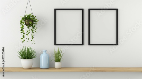 Frame mockup, shelf home interior, wall poster frame, 3D render
