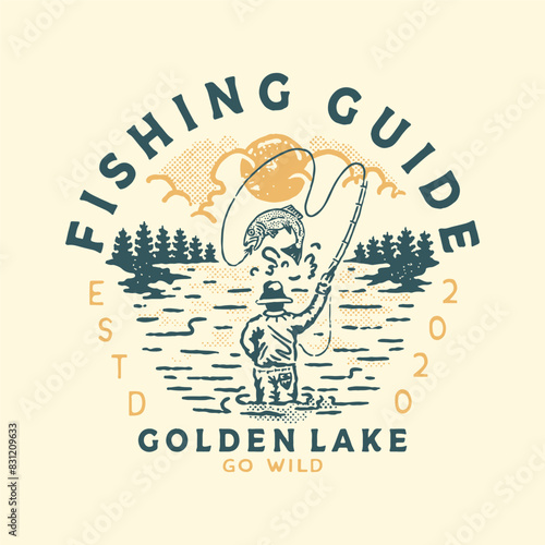 fishing illustration outdoor graphic lake design nature badge adventure vintage fisherman