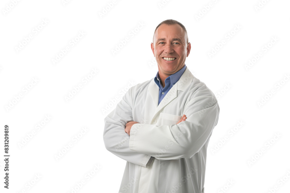 Middle-Aged Male Doctor in White Lab Coat Smiling on White Background Middle-Aged Male Doctor in White Lab Coat Smiling on White Background