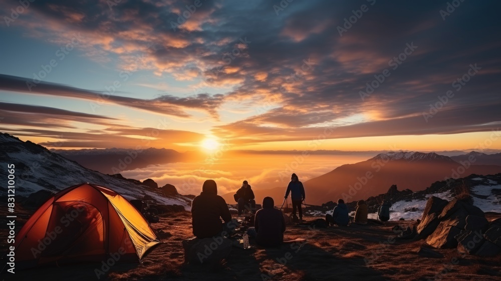 Friends gather around a tent with a stunning mountain sunset backdrop, implying camaraderie and adventure Friends gather around a tent with a stunning mountain sunset backdrop, implying camaraderie and adventure