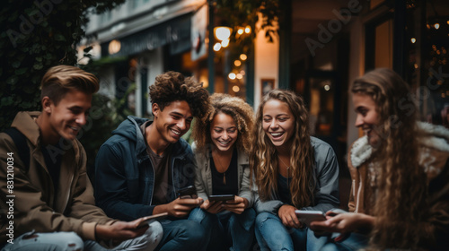 Young friends sit together outdoors at night, sharing a laugh around a smartphone