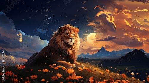 A stunning digital illustration of a proud lion resting amongst wildflowers with a vivid sunset backdrop photo