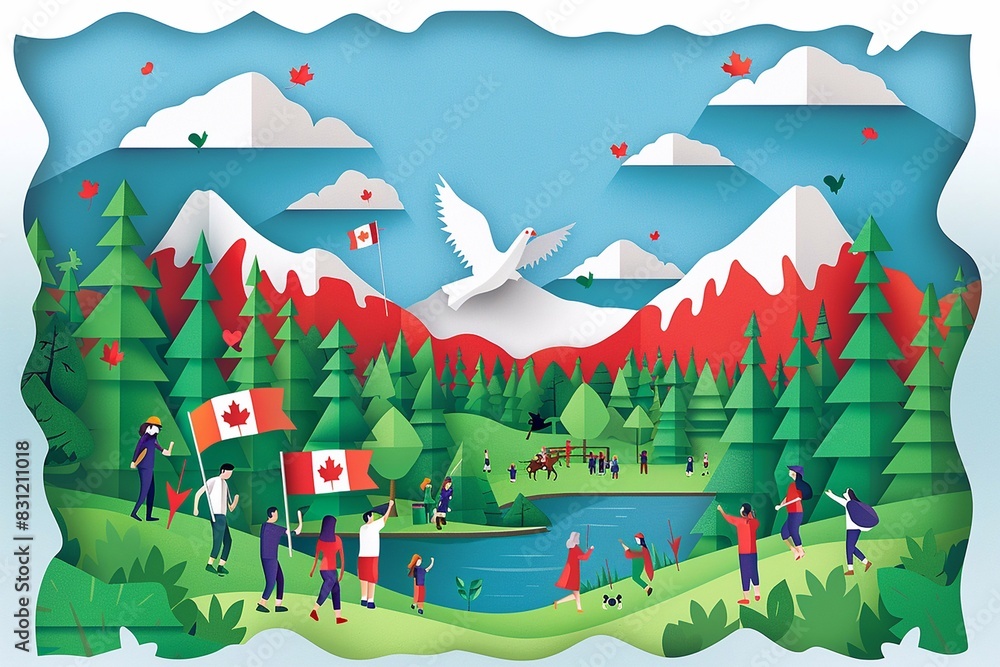 Canadian national day scene with people enjoying outdoor activities. Canadian national day scene with people enjoying outdoor activities.