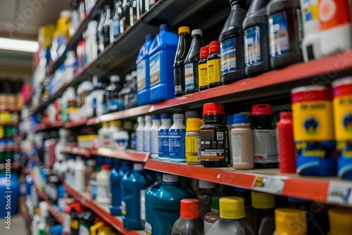 A store shelf filled with various types of motor oil products in an auto parts store