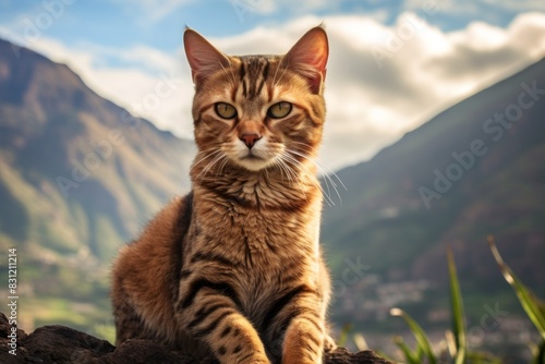 Portrait of a cute havana brown cat in front of backdrop of mountain peaks