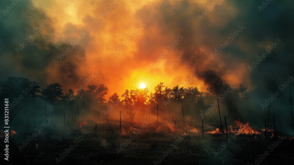 Forest fire smoke drifting across the horizon, obscuring the sun and creating a hazy, apocalyptic atmosphere Forest fire smoke drifting across the horizon, obscuring the sun and creating a hazy, apocalyptic atmosphere