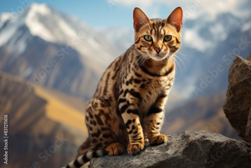 Portrait of a funny ocicat cat in front of backdrop of mountain peaks