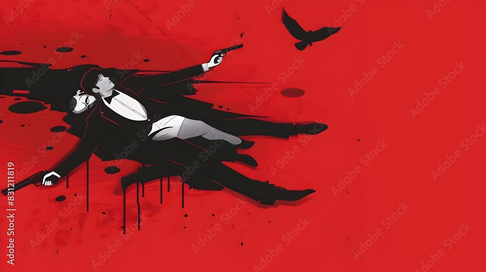Ominous Silhouetted Winged Figure Soaring Through Turbulent Crimson Sky Ominous Silhouetted Winged Figure Soaring Through Turbulent Crimson Sky