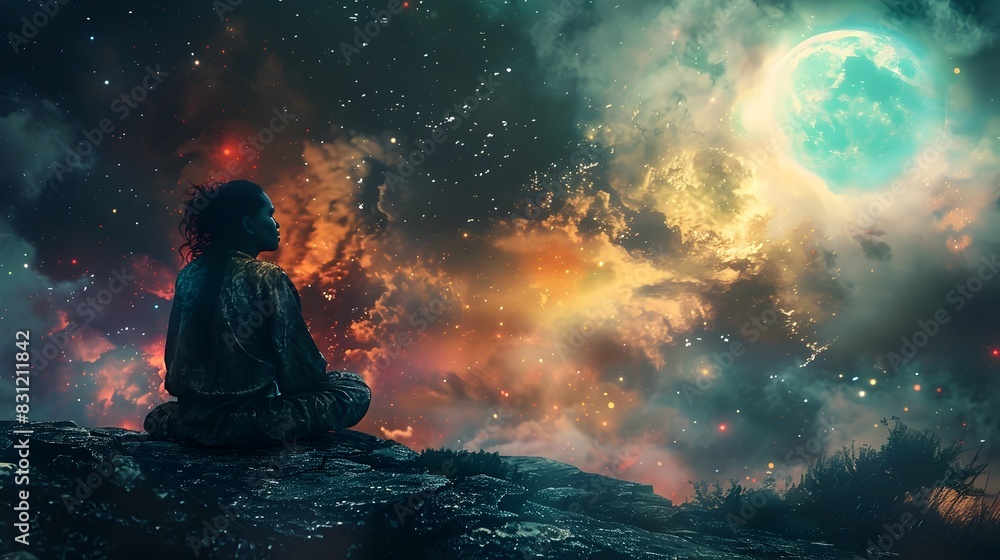 Obraz premium Solitary Silhouette Under Dramatic Celestial Landscape