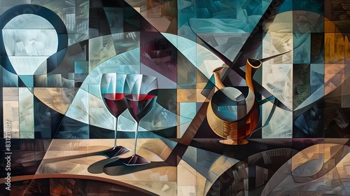 Cubist Compositions of Wine and Glassware in a Refined Dining Setting photo