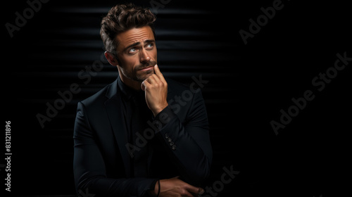 A handsome man wearing a dark suit looks pensively with a contemplative expression, against a black background © AS Photo Family