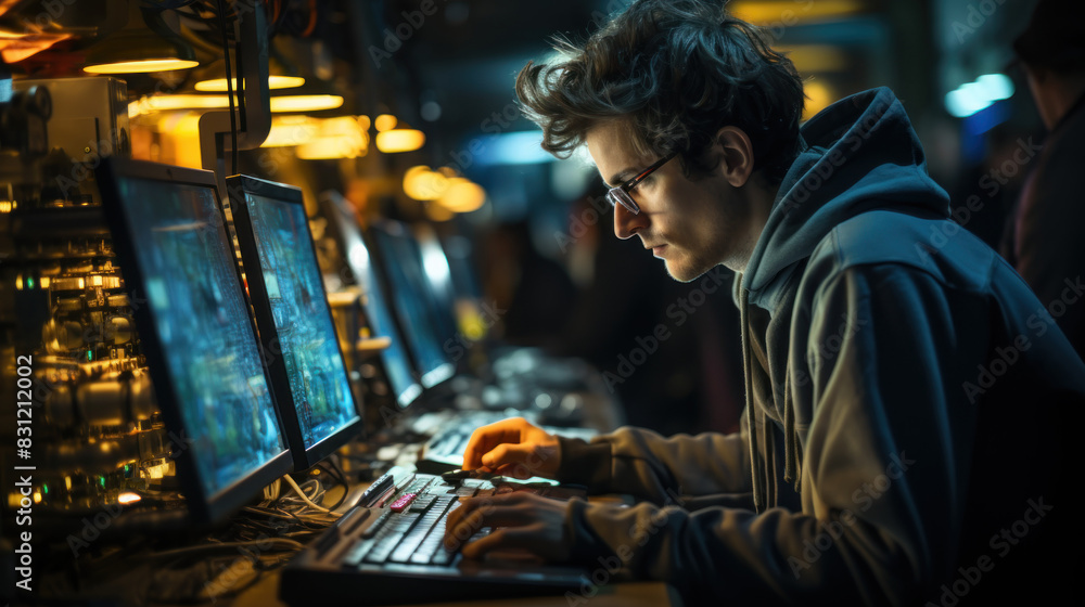 A focused individual wearing a hoodie is working at a computer station with multiple monitors in a dim setting A focused individual wearing a hoodie is working at a computer station with multiple monitors in a dim setting