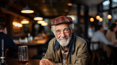 A cheerful elderly man with a cap enjoys a drink at a bar, embodying rustic charm and contentment