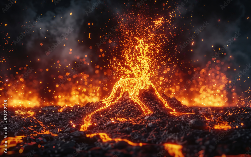 Vibrant night scene showcasing the intense eruption of glowing lava from a volcanic vent Vibrant night scene showcasing the intense eruption of glowing lava from a volcanic vent