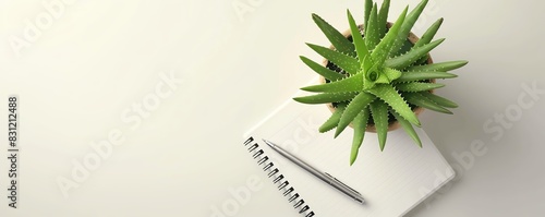 Minimal open planner with a potted aloe vera plant on a light background