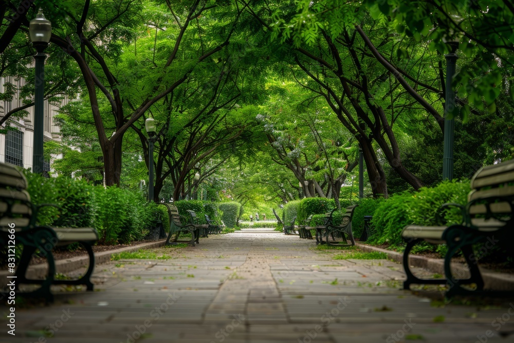A walkway in an urban park lined with benches and trees