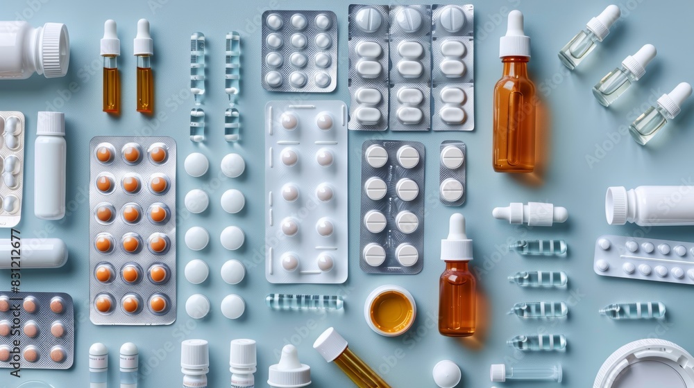 Flat Lay of Assorted Pills and Medications on Blue Background. Flat Lay of Assorted Pills and Medications on Blue Background.