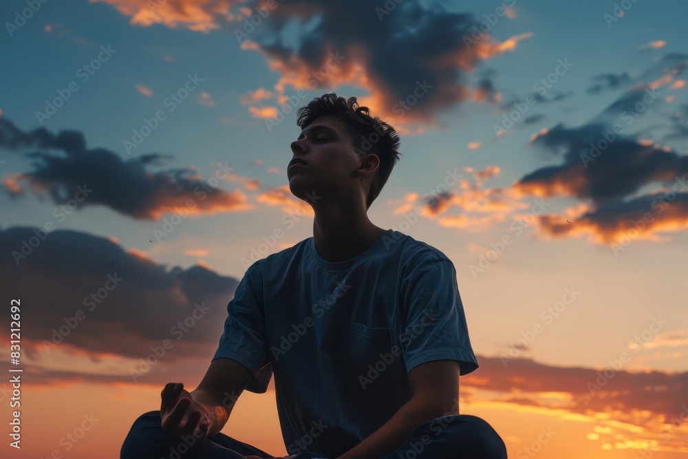 Young man practicing yoga in a meditative pose against a sunset or sunrise sky