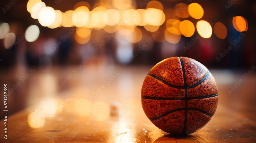 Close-up of a basketball on a wooden floor with a soft bokeh light background, highlighting the sport Close-up of a basketball on a wooden floor with a soft bokeh light background, highlighting the sport