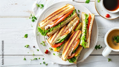 Coffee and club sandwich on a white wooden table background, top view with copy space concept for a healthy breakfast at home. photo