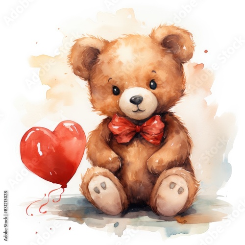 Cute watercolor teddy bear with red balloon. photo