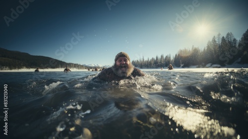 An exuberant bearded man swims in a freezing river  surrounded by friends against a scenic winter backdrop