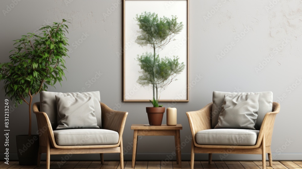 Two cozy armchairs flanking a modest table with plant decor create an elegant and minimalistic interior space Two cozy armchairs flanking a modest table with plant decor create an elegant and minimalistic interior space