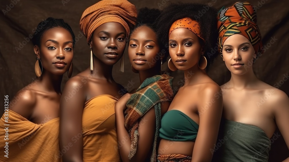 Six beautiful, diverse women in colorful attire pose together, symbolizing unity and diversity Six beautiful, diverse women in colorful attire pose together, symbolizing unity and diversity