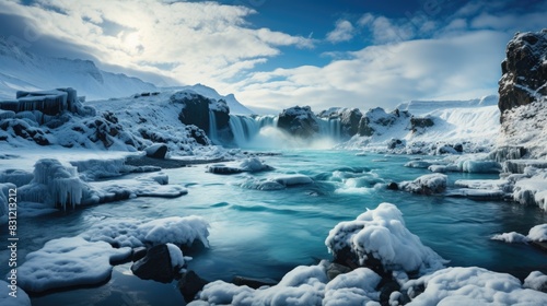 Majestic frozen waterfall with ice-covered rocks and vibrant blue waters in a pristine snow-draped winter scenery