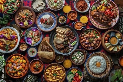 A wide-angle view of a vibrant and colorful table filled with traditional dishes from various cultural backgrounds