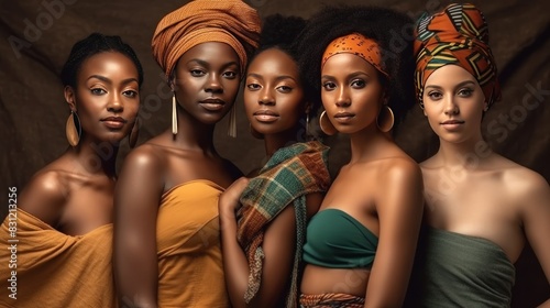 Six beautiful, diverse women in colorful attire pose together, symbolizing unity and diversity