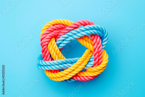 Top view of colorful ropes tied together on light blue background, space for text	
