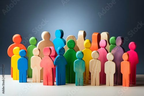 Colorful painted group of people wooden figures, diversity concept